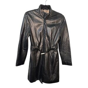 Y2K Danier Canada Black Leather Belted Trench Coat Womens Jacket Mock Neck